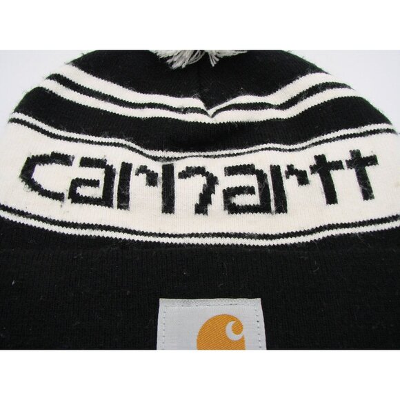 Carhartt Black White Knit Beanie Hat Striped Pom Pom Cuffed Logo One Size Unisex - Picture 3 of 10